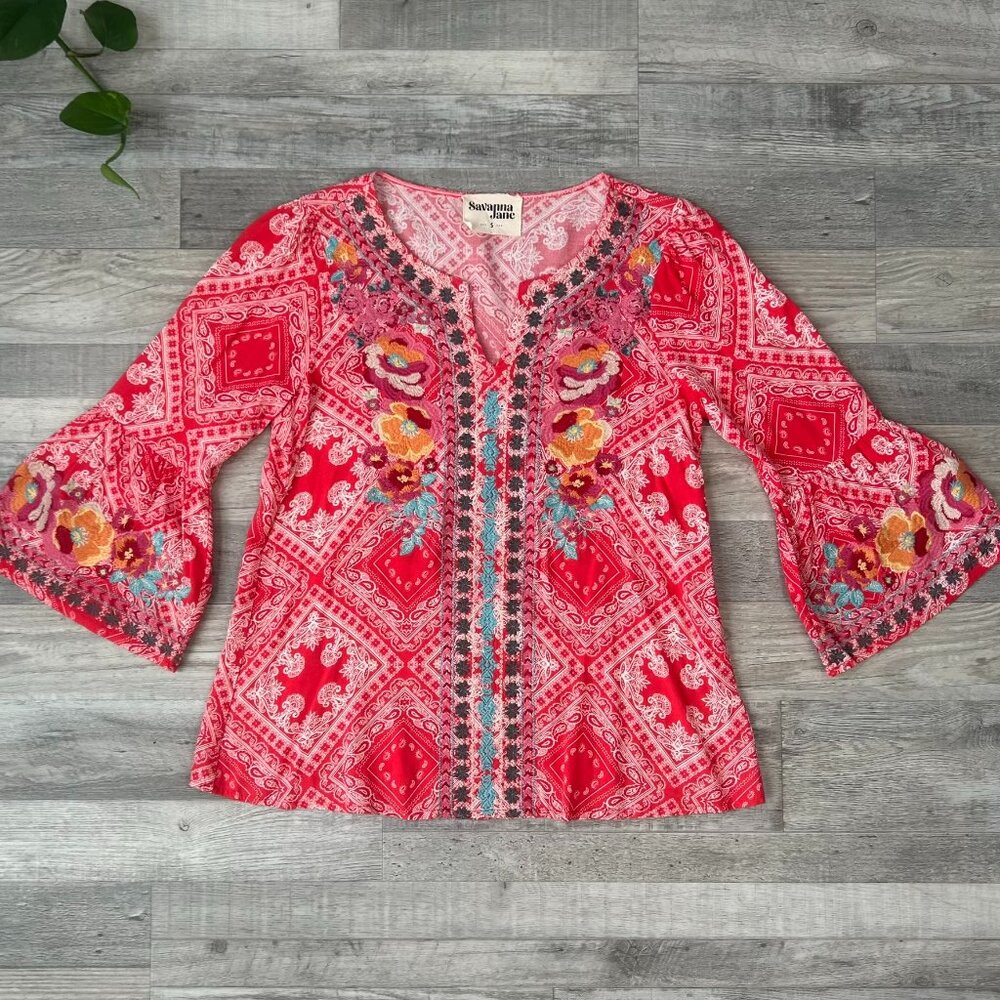 Savanna Jane Red Pattern Heavily Embroidered Bell Sleeve Blouse Size Small S10